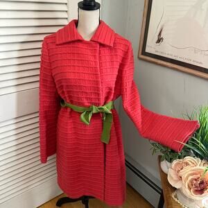 Vintage CHARLES NOLAN Womens Coat Pink Wool Textred Green Belt Preppy Retro 12